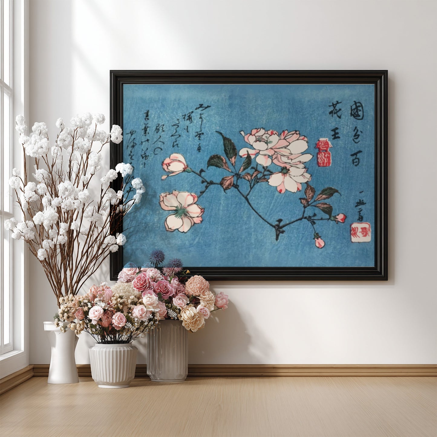Cherry Blossoms woodblock print featuring delicate pink flowers on a blue background, floral art poster for