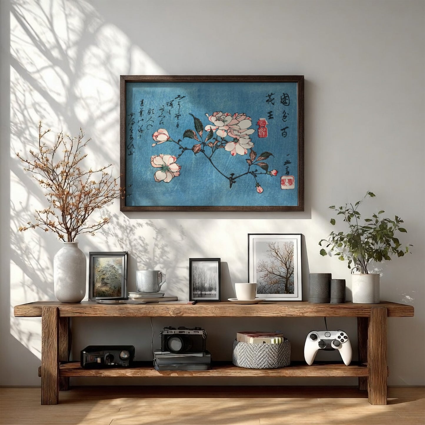 Cherry Blossoms woodblock print featuring delicate pink flowers on a blue background, floral art poster for