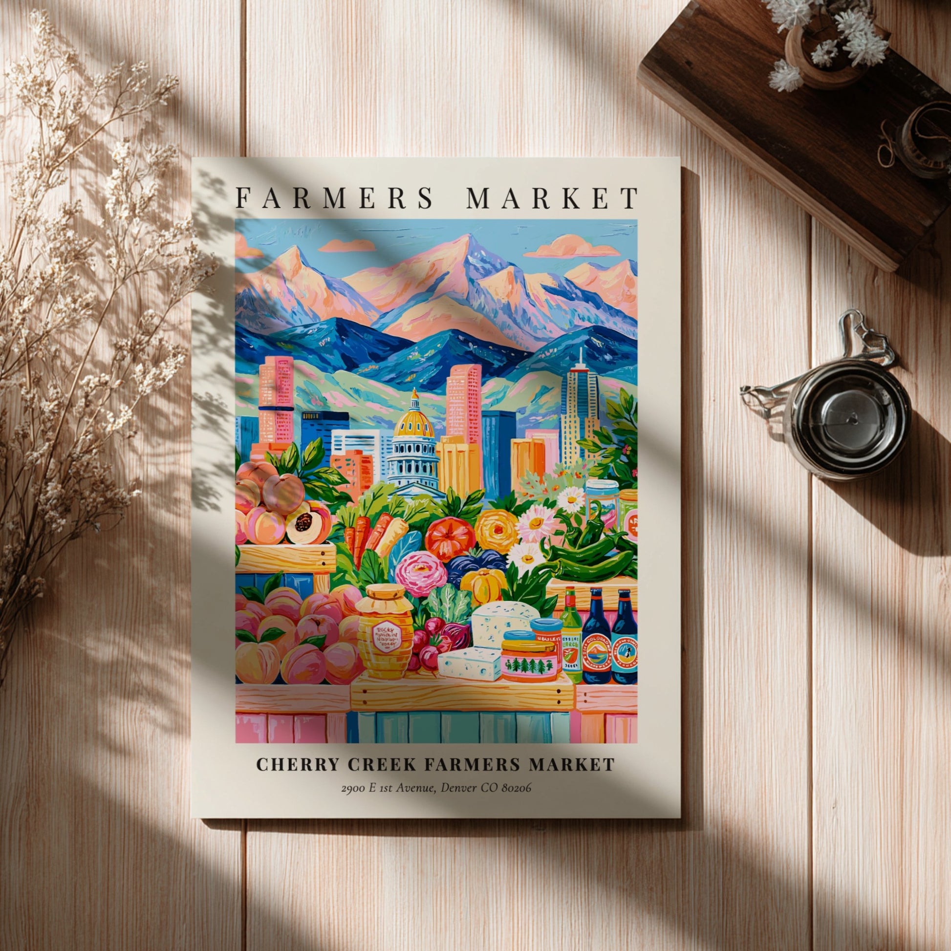 Cherry Creek Farmers Market poster featuring colorful produce and mountains in a vibrant style