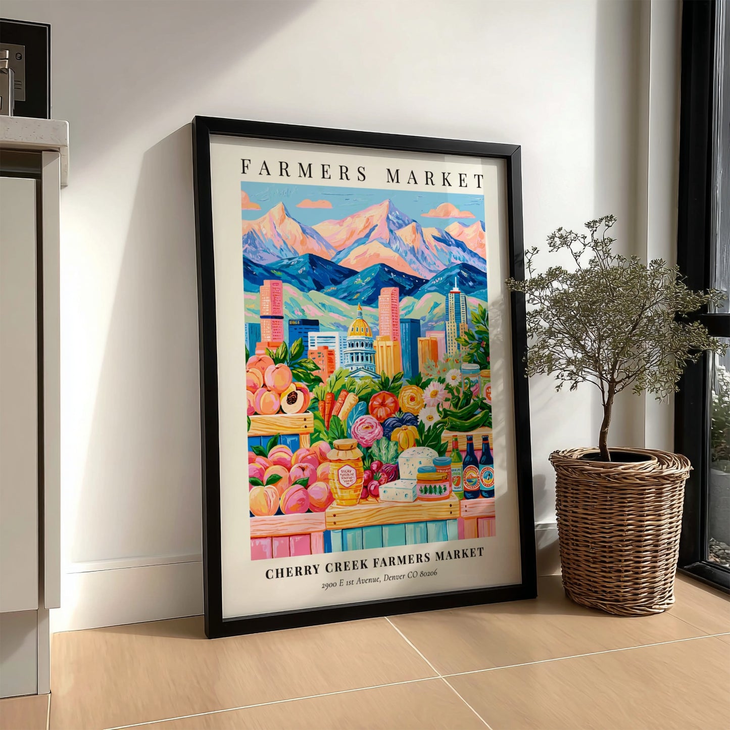 Cherry Creek Farmers Market poster featuring colorful produce and mountains in a vibrant style