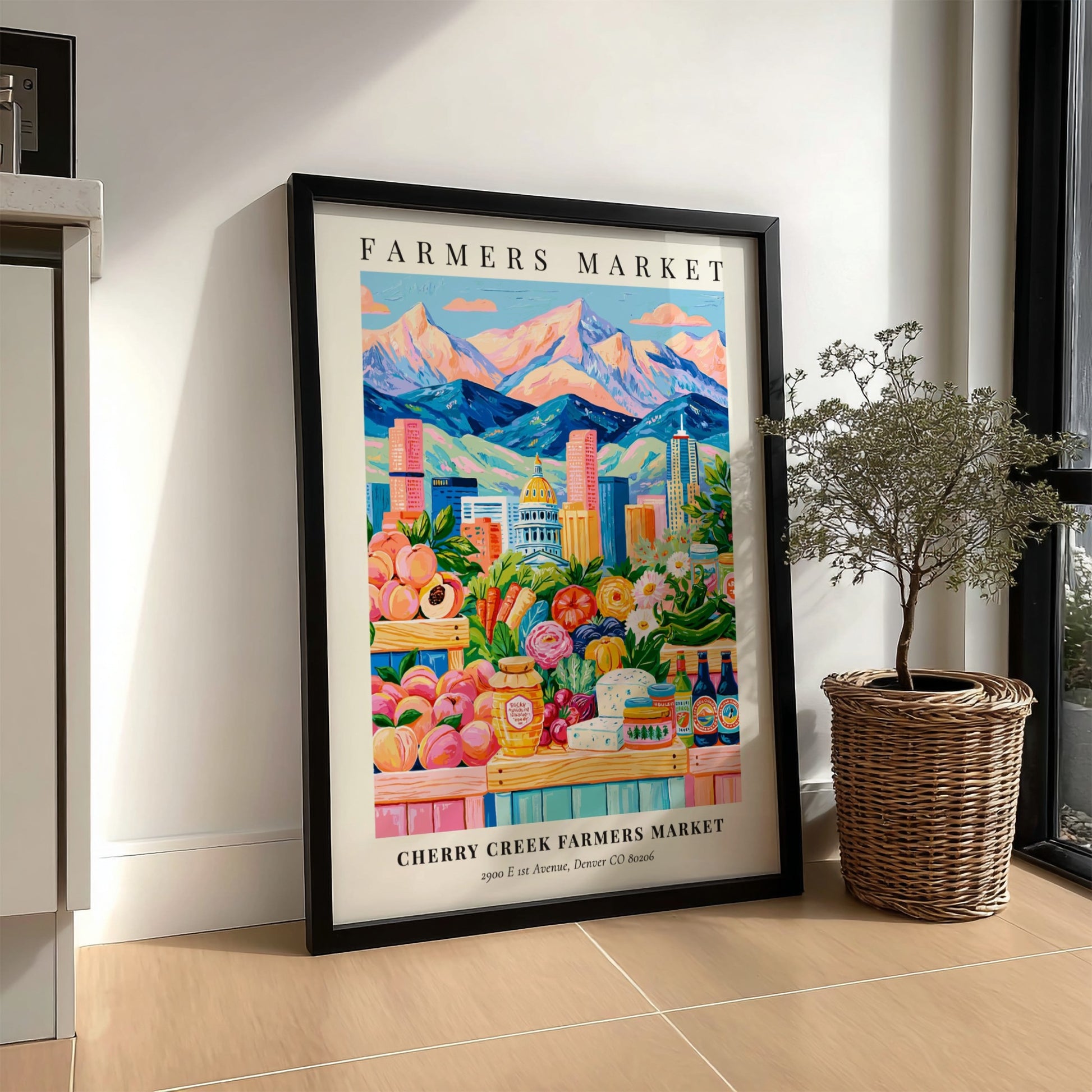 Cherry Creek Farmers Market poster featuring colorful produce and mountains in a vibrant style