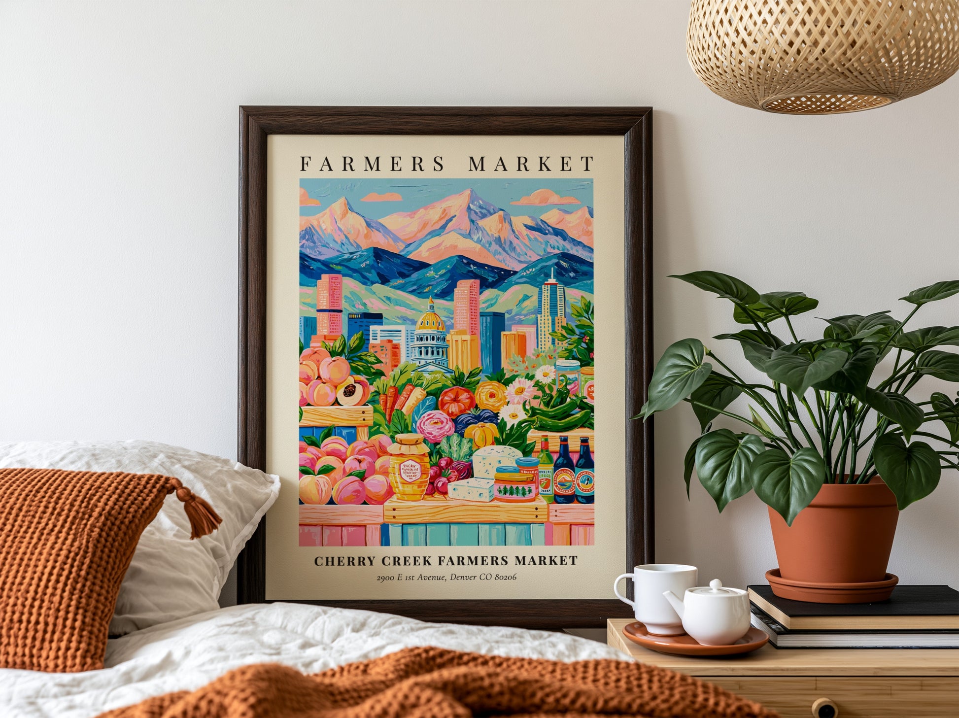 Cherry Creek Farmers Market poster featuring colorful produce and mountains in a vibrant style