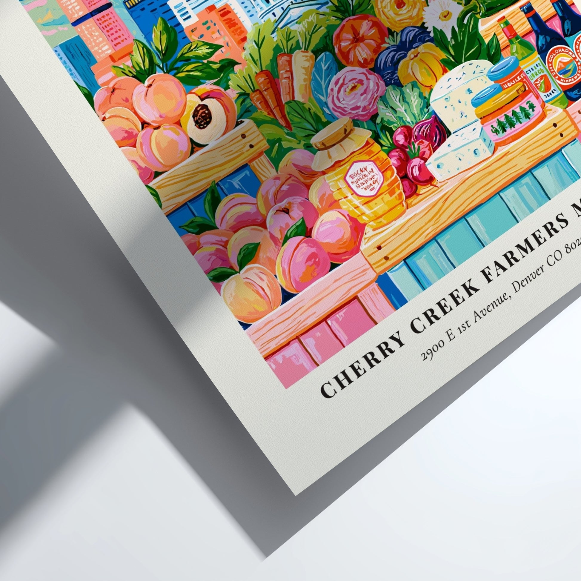 Cherry Creek Farmers Market poster featuring colorful produce and mountains in a vibrant style