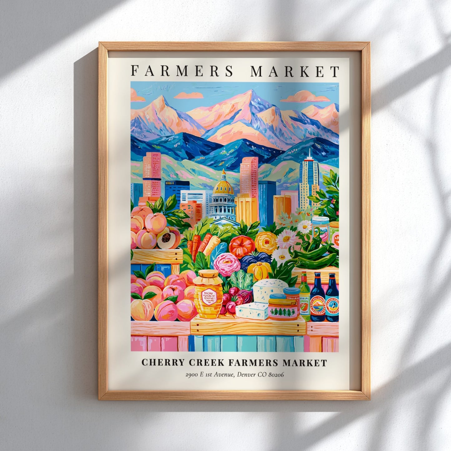 Cherry Creek Farmers Market poster featuring colorful produce and mountains in a vibrant style