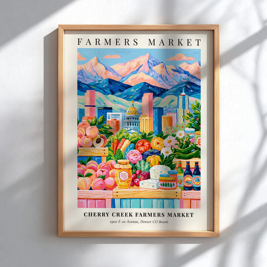 Cherry Creek Farmers Market poster featuring colorful produce and mountains in a vibrant style