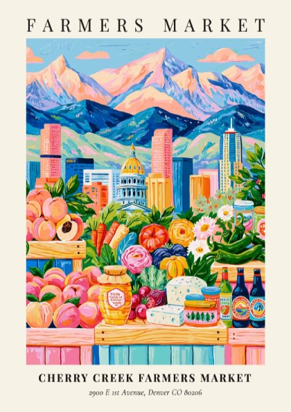 Cherry Creek Farmers Market poster featuring colorful produce and mountains in a vibrant style