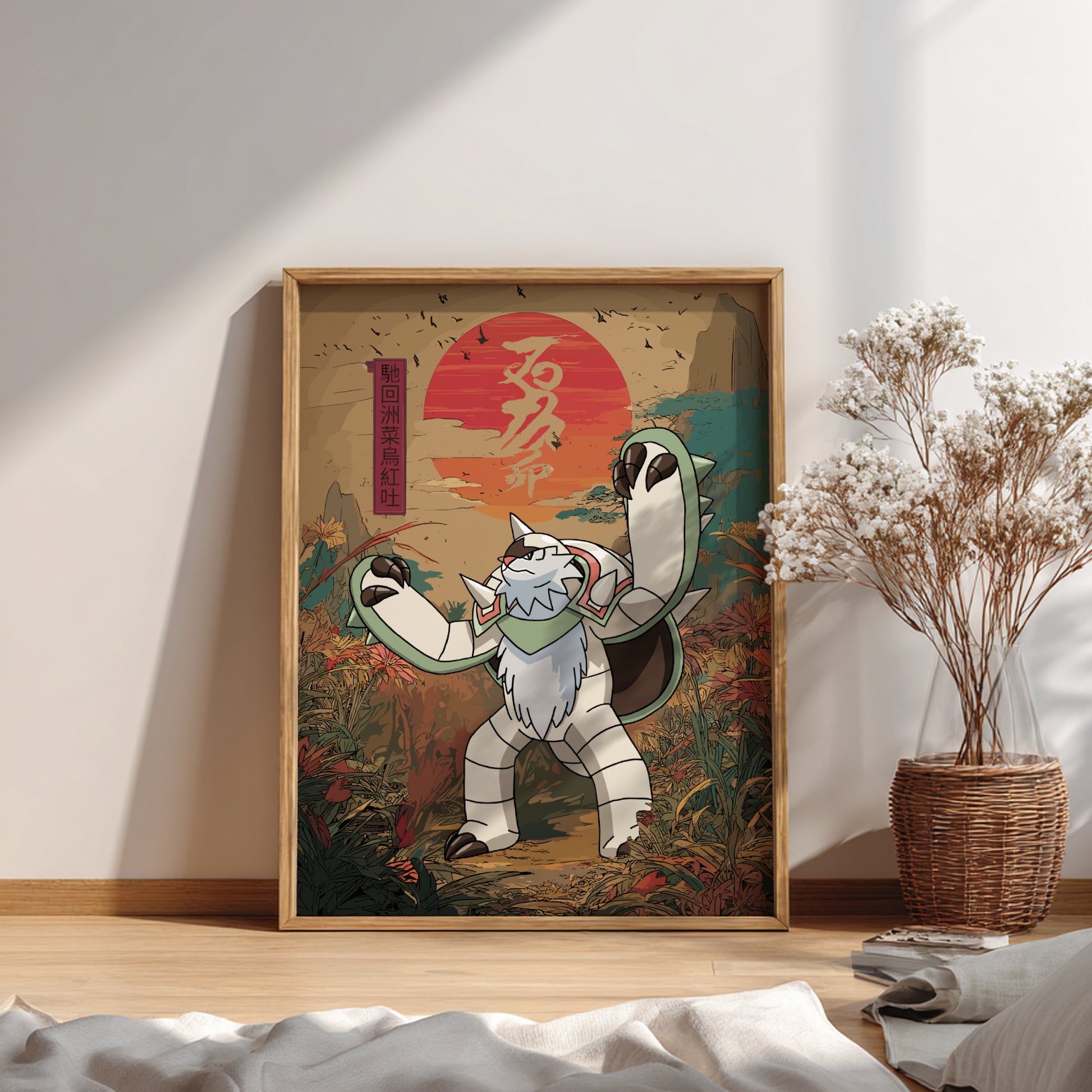 Framed artwork of a stylized Chesnaught Pokemon with a mountain and sun background on a wall.