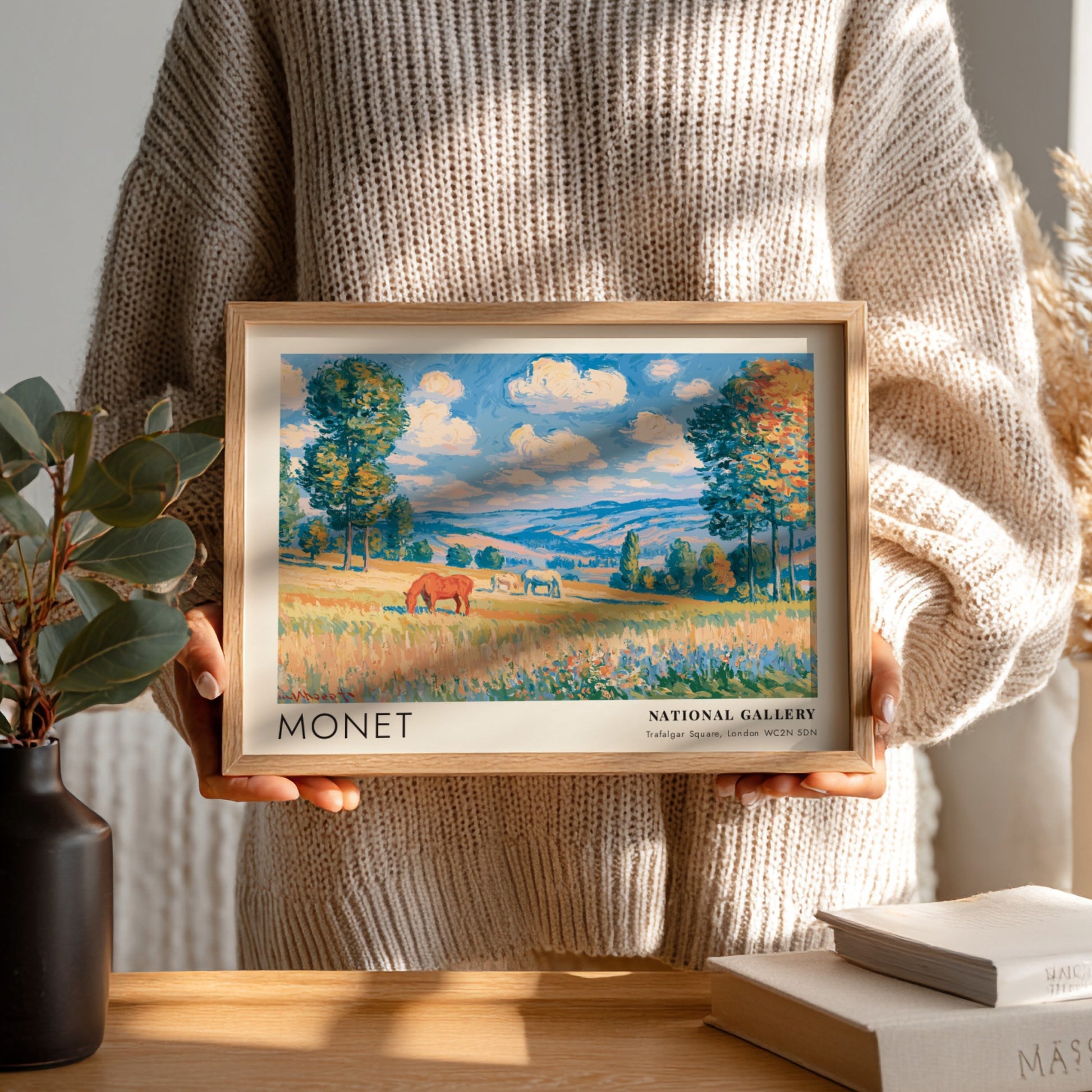 Wall art print of Monet's Chevaux - La Grande Prairie featuring vibrant landscape colors and serene horses