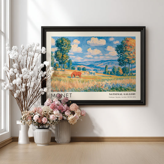 Wall art print of Monet's Chevaux - La Grande Prairie featuring vibrant landscape colors and serene horses