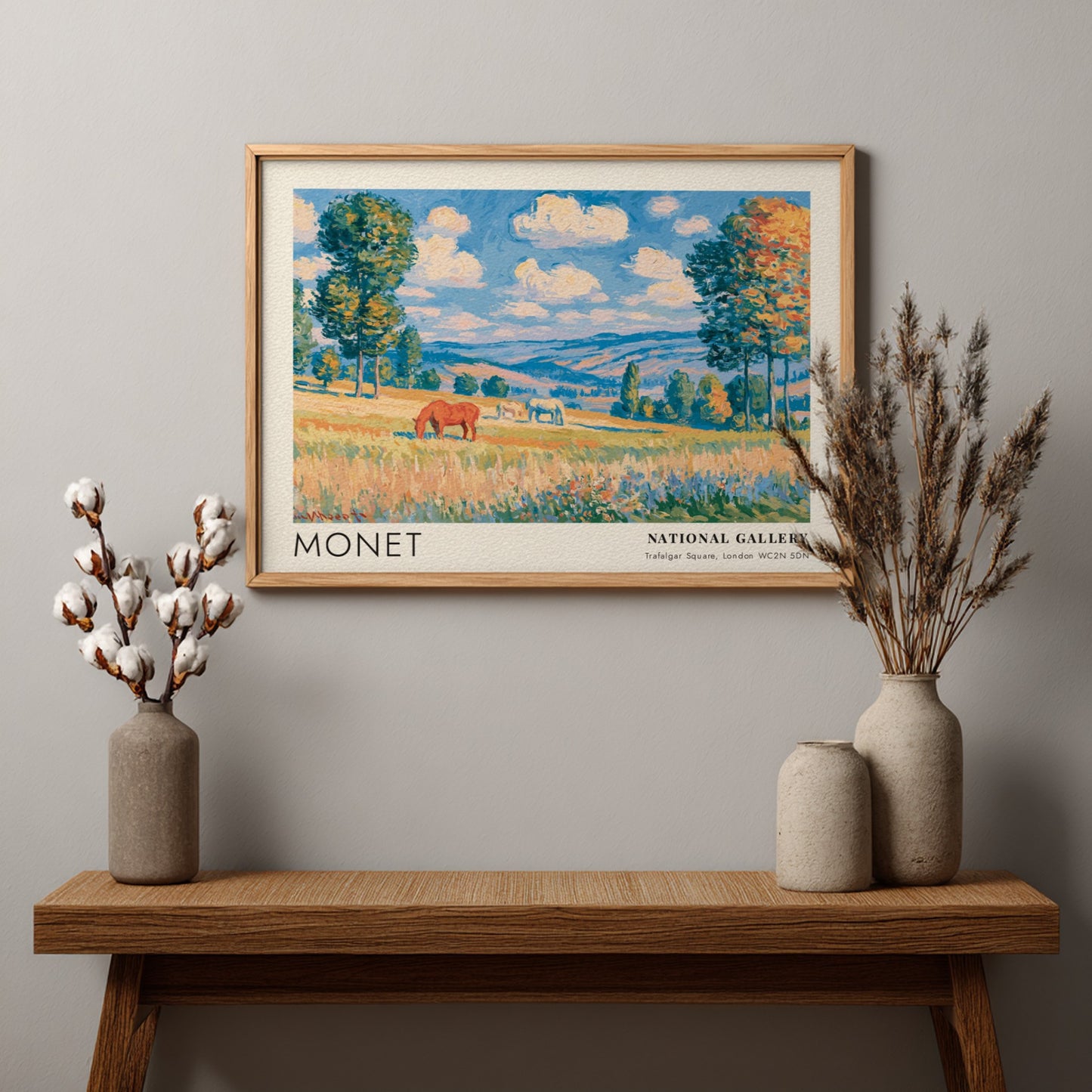 Wall art print of Monet's Chevaux - La Grande Prairie featuring vibrant landscape colors and serene horses