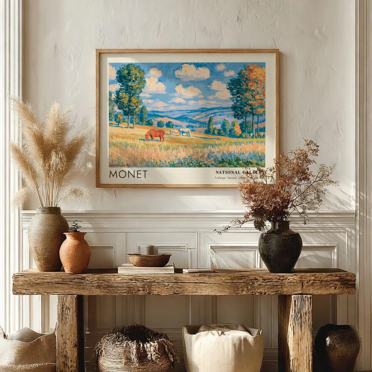 Wall art print of Monet's Chevaux - La Grande Prairie featuring vibrant landscape colors and serene horses