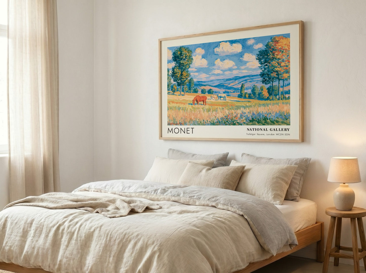 Wall art print of Monet's Chevaux - La Grande Prairie featuring vibrant landscape colors and serene horses