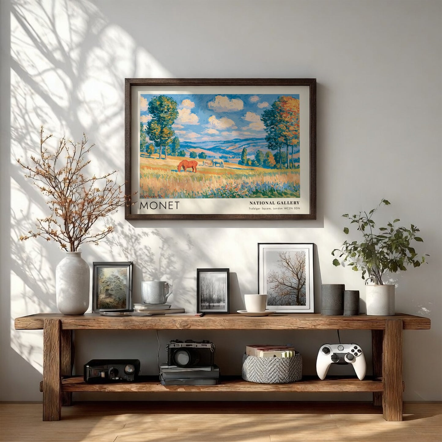 Wall art print of Monet's Chevaux - La Grande Prairie featuring vibrant landscape colors and serene horses