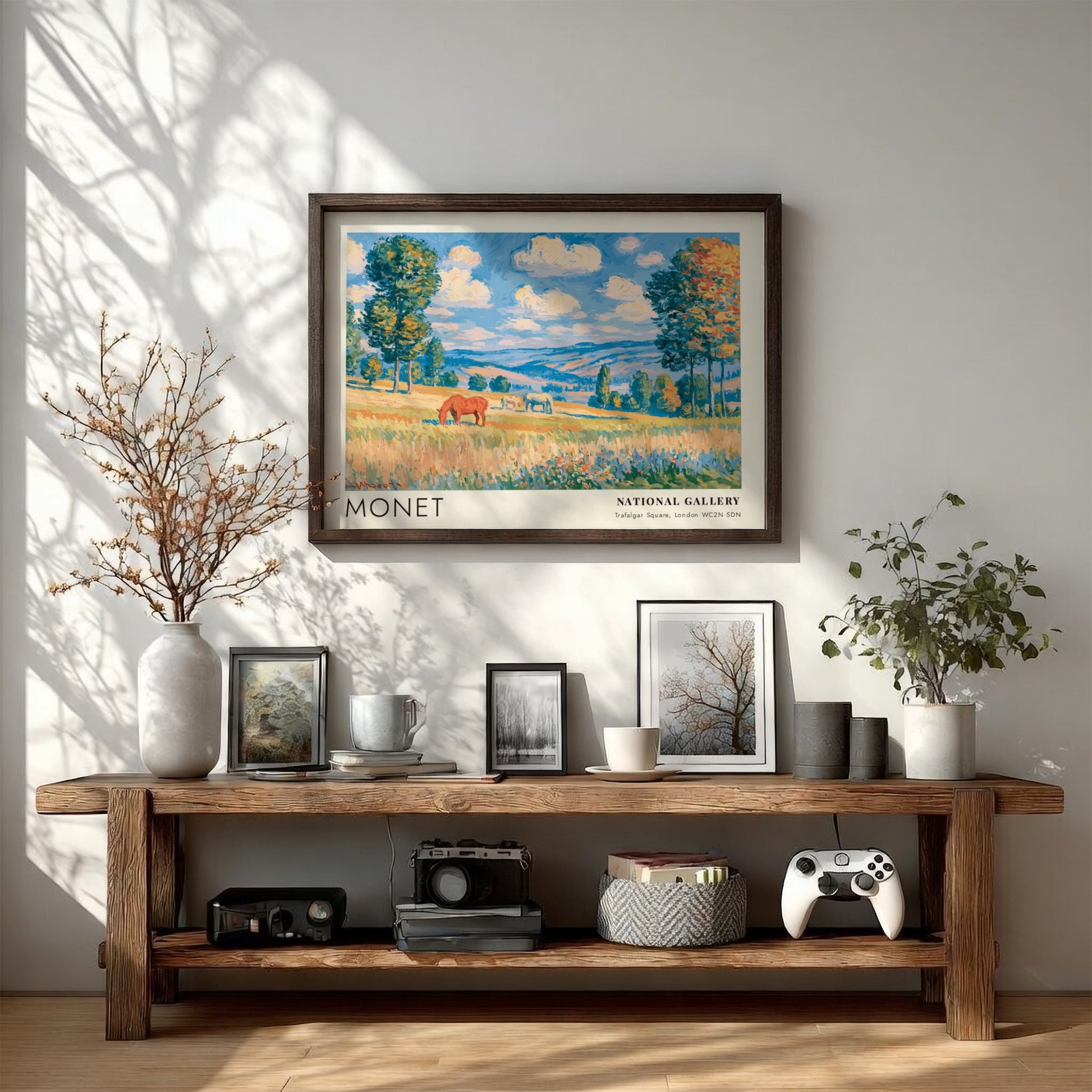 Wall art print of Monet's Chevaux - La Grande Prairie featuring vibrant landscape colors and serene horses