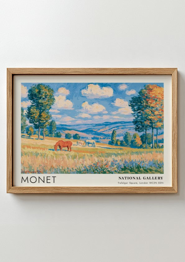 Wall art print of Monet's Chevaux - La Grande Prairie featuring vibrant landscape colors and serene horses