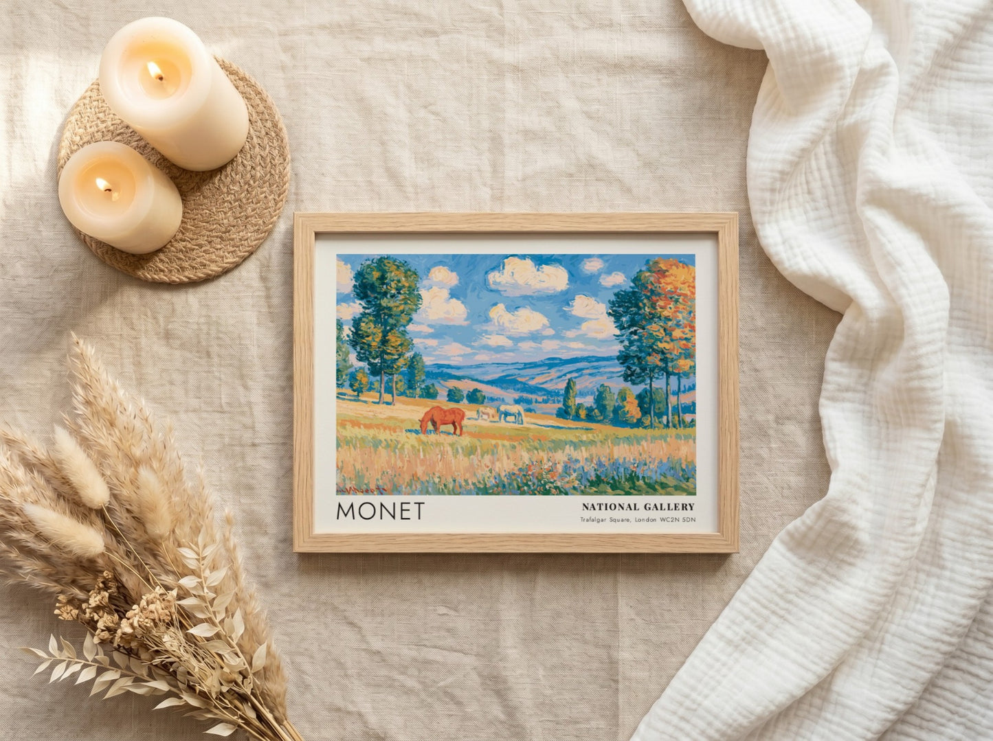 Wall art print of Monet's Chevaux - La Grande Prairie featuring vibrant landscape colors and serene horses
