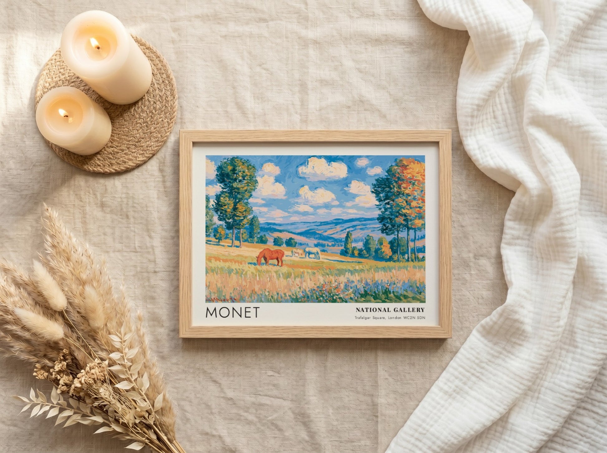 Wall art print of Monet's Chevaux - La Grande Prairie featuring vibrant landscape colors and serene horses