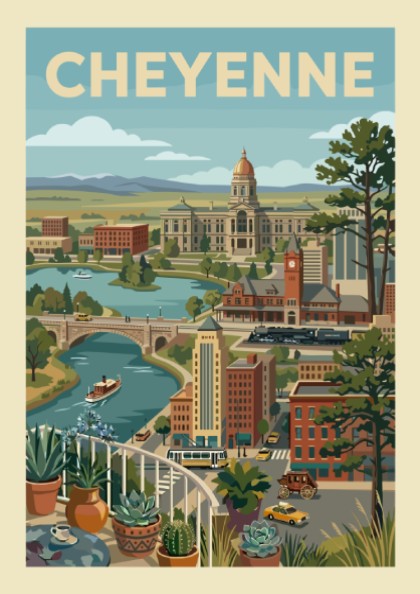 Vintage Cheyenne cityscape art print featuring the State Capitol, river, and retro vehicles in a warm color