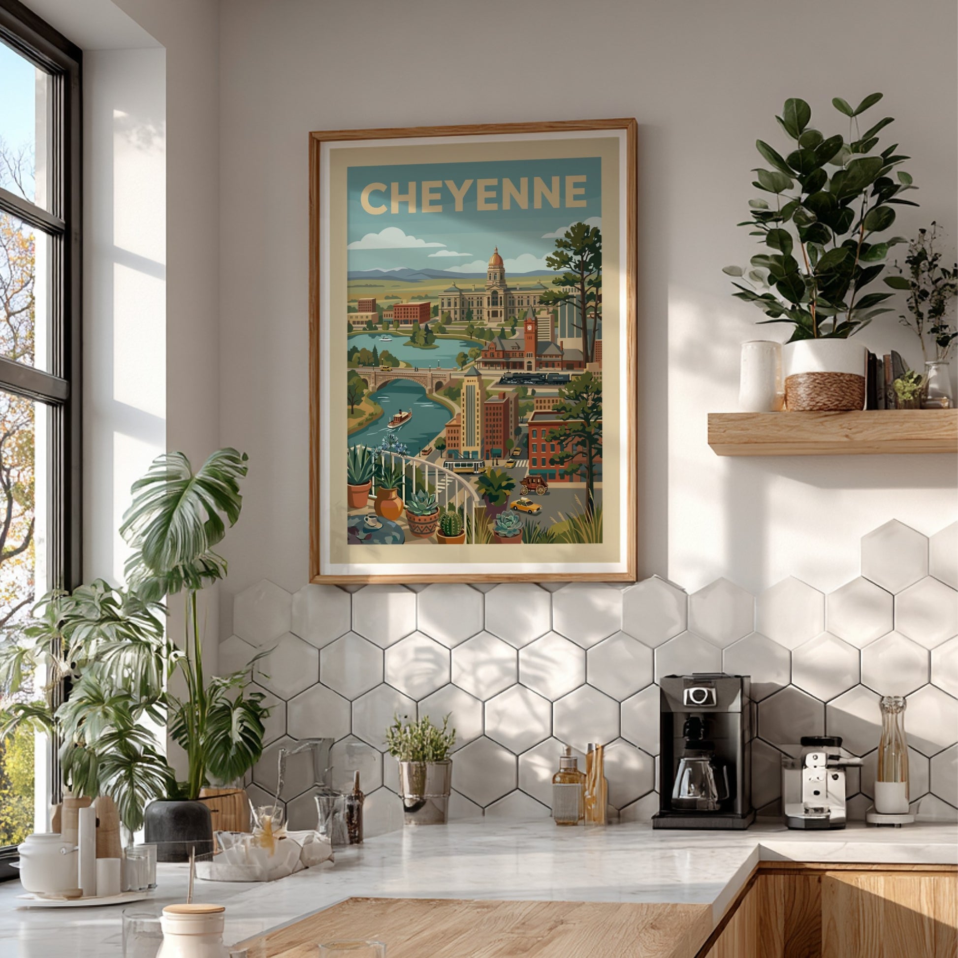 Vintage Cheyenne cityscape art print featuring the State Capitol, river, and retro vehicles in a warm color
