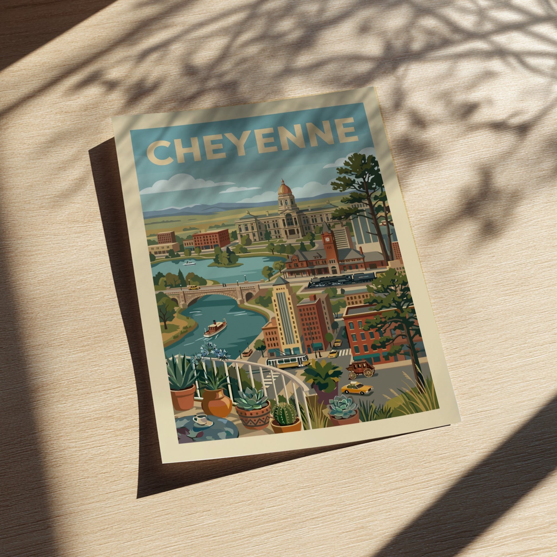 Vintage Cheyenne cityscape art print featuring the State Capitol, river, and retro vehicles in a warm color