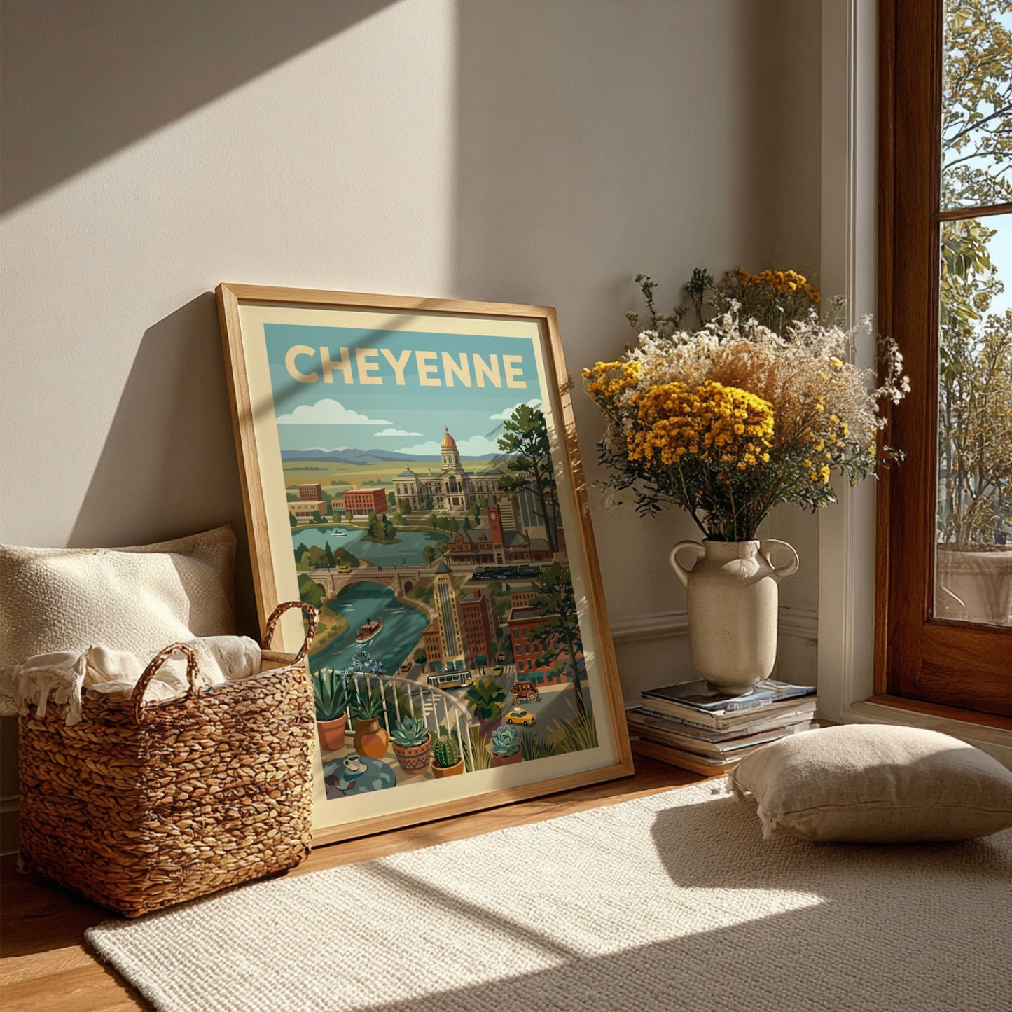 Vintage Cheyenne cityscape art print featuring the State Capitol, river, and retro vehicles in a warm color