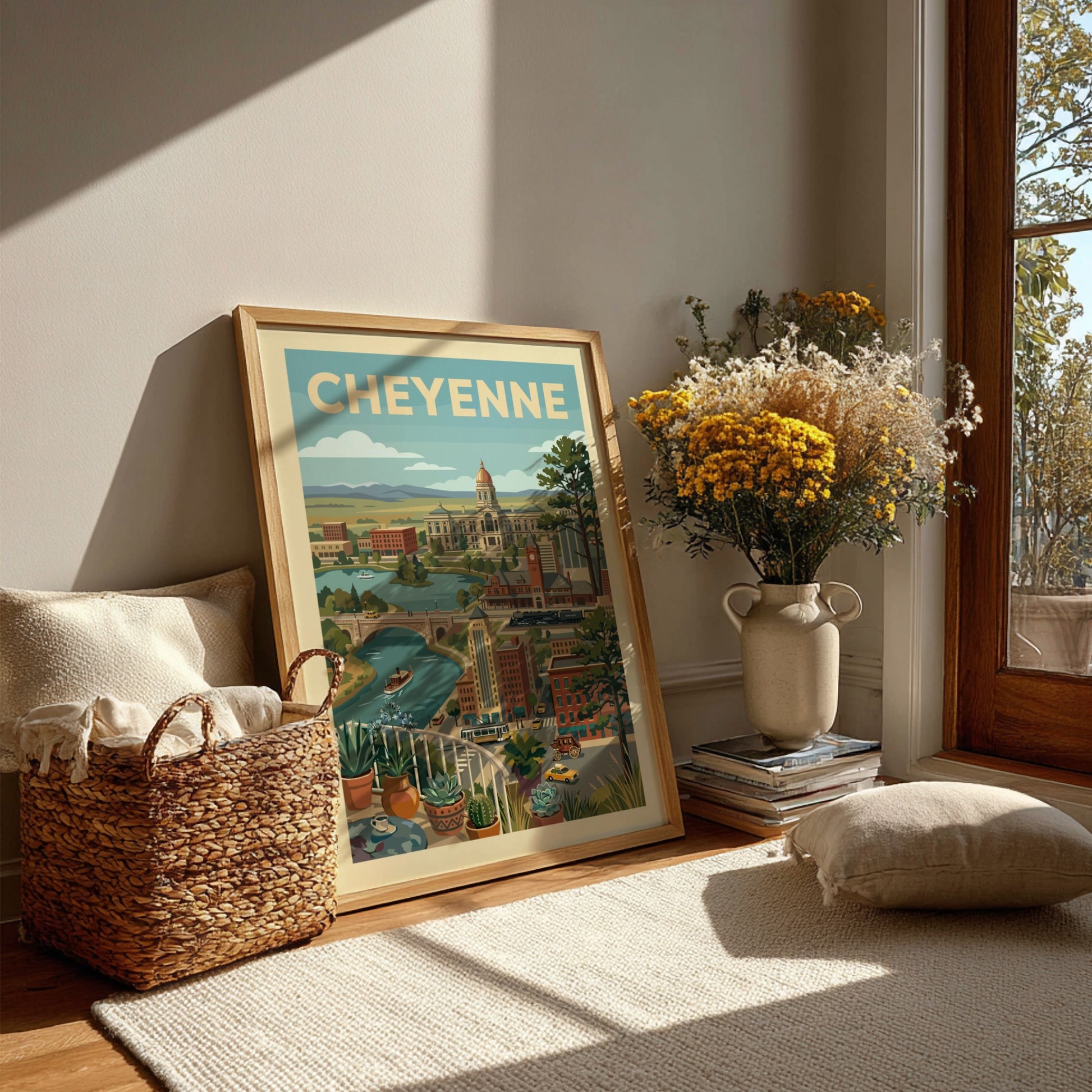 Vintage Cheyenne cityscape art print featuring the State Capitol, river, and retro vehicles in a warm color