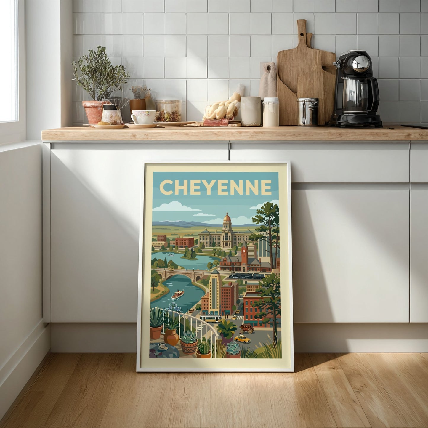 Vintage Cheyenne cityscape art print featuring the State Capitol, river, and retro vehicles in a warm color
