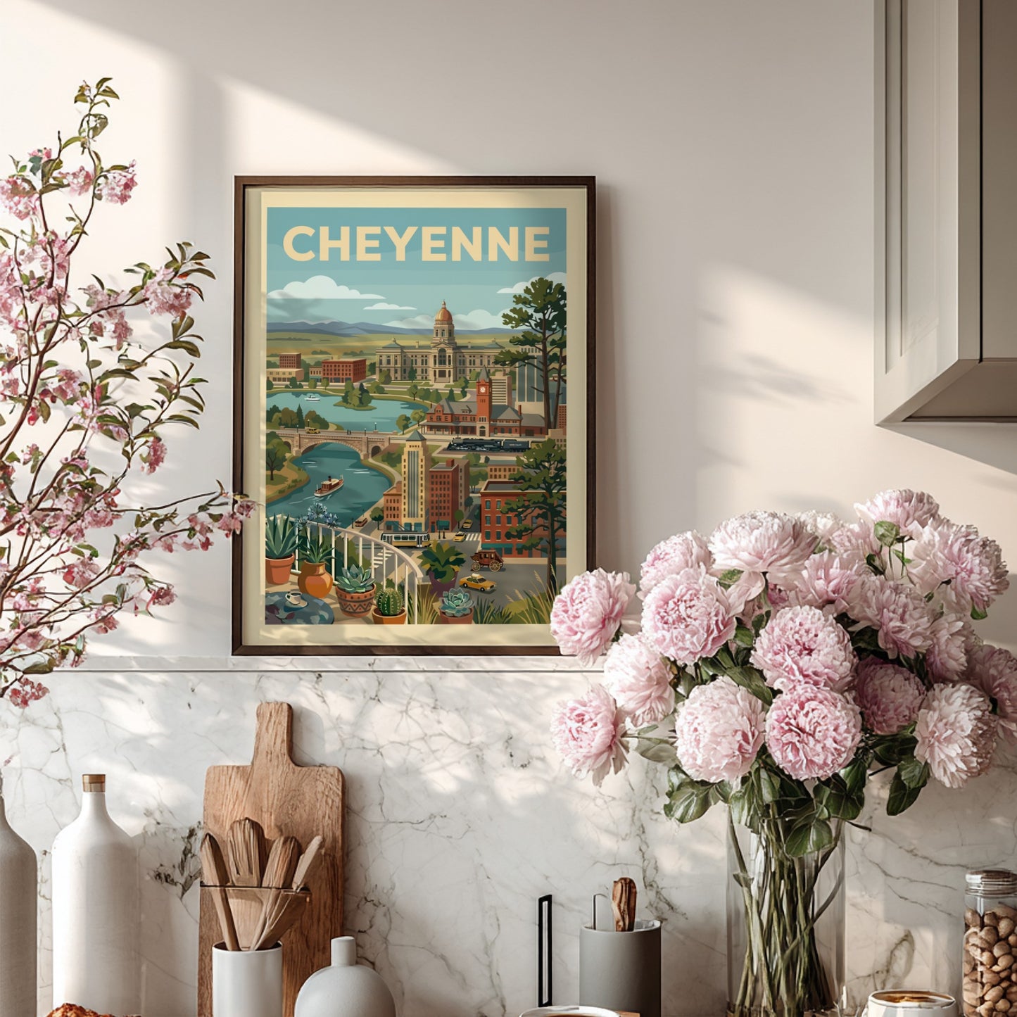 Vintage Cheyenne cityscape art print featuring the State Capitol, river, and retro vehicles in a warm color