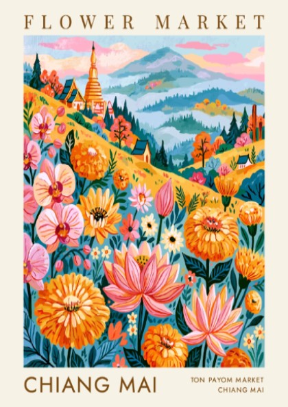 Flower market poster featuring vibrant colors and floral designs, perfect for travel wall decor.