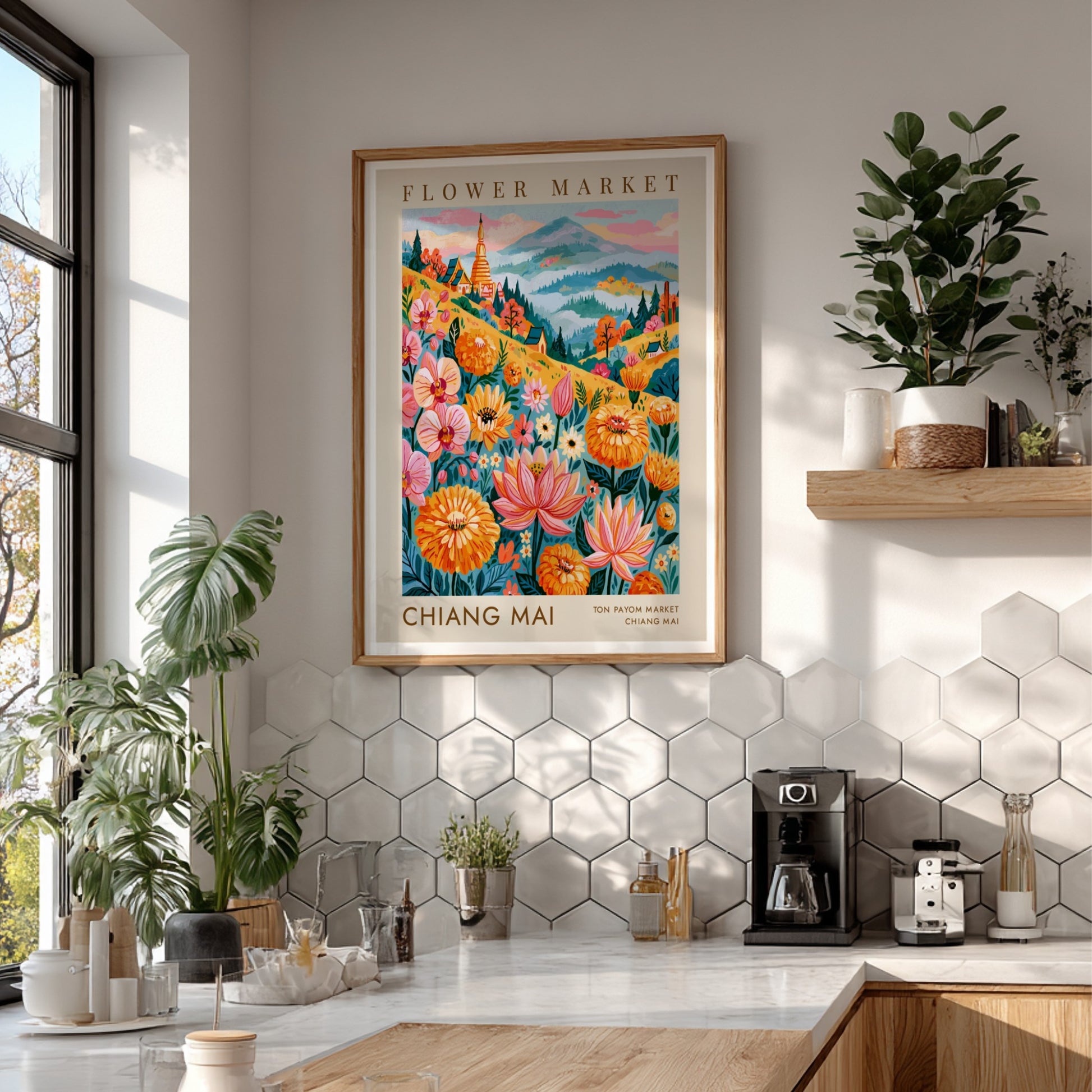 Flower market poster featuring vibrant colors and floral designs, perfect for travel wall decor.