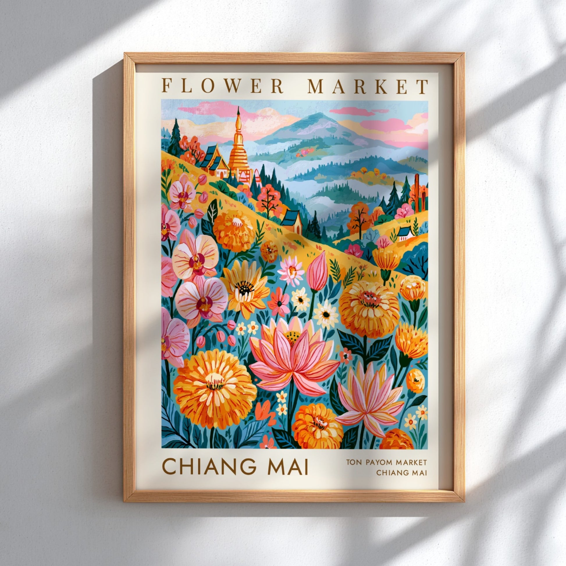 Flower market poster featuring vibrant colors and floral designs, perfect for travel wall decor.