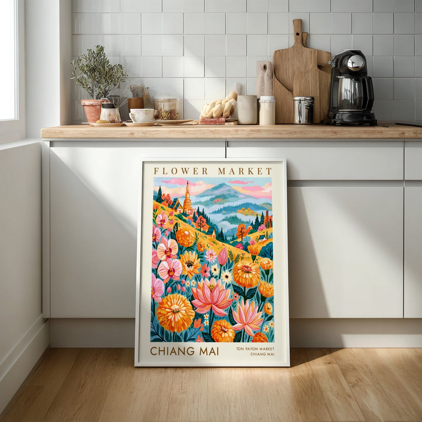 Flower market poster featuring vibrant colors and floral designs, perfect for travel wall decor.