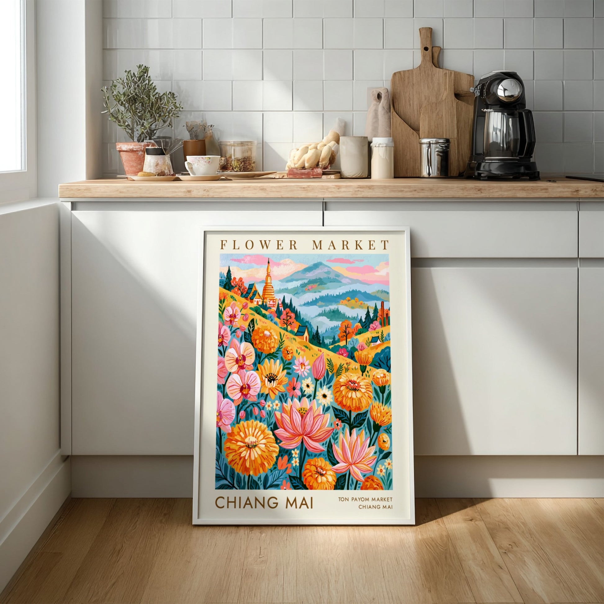 Flower market poster featuring vibrant colors and floral designs, perfect for travel wall decor.