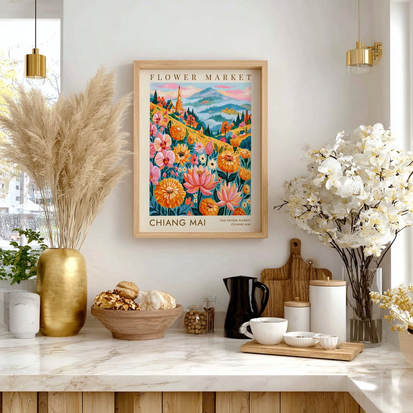 Flower market poster featuring vibrant colors and floral designs, perfect for travel wall decor.