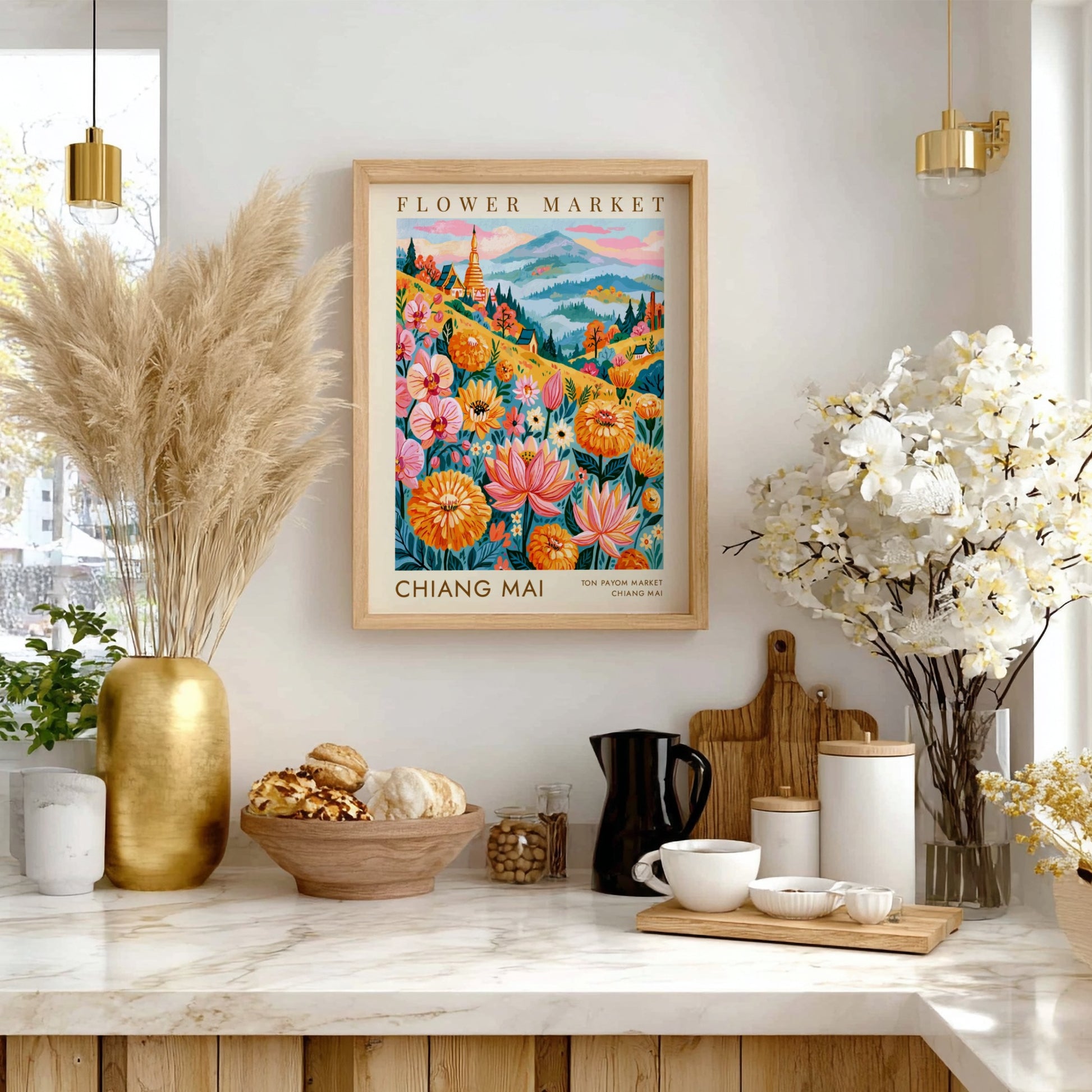 Flower market poster featuring vibrant colors and floral designs, perfect for travel wall decor.