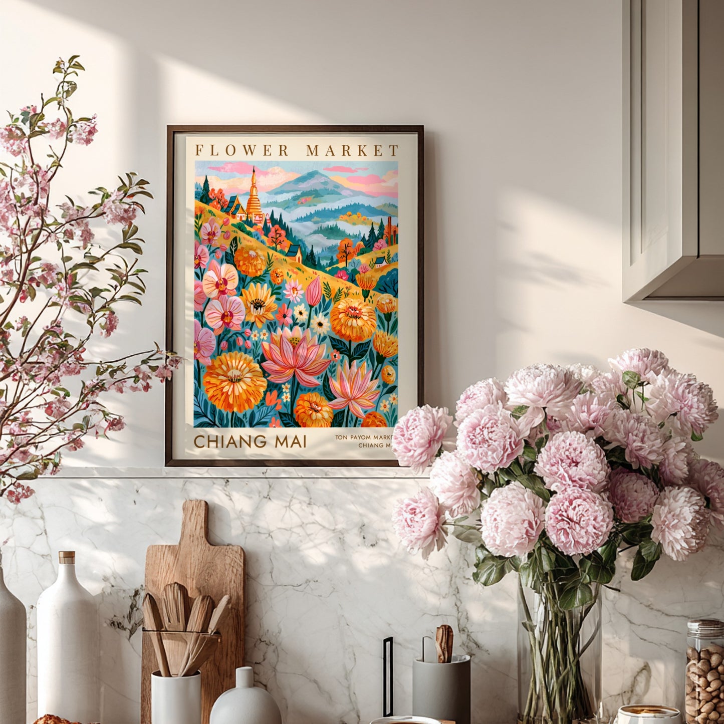 Flower market poster featuring vibrant colors and floral designs, perfect for travel wall decor.