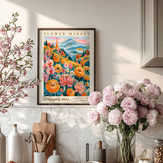 Flower market poster featuring vibrant colors and floral designs, perfect for travel wall decor.