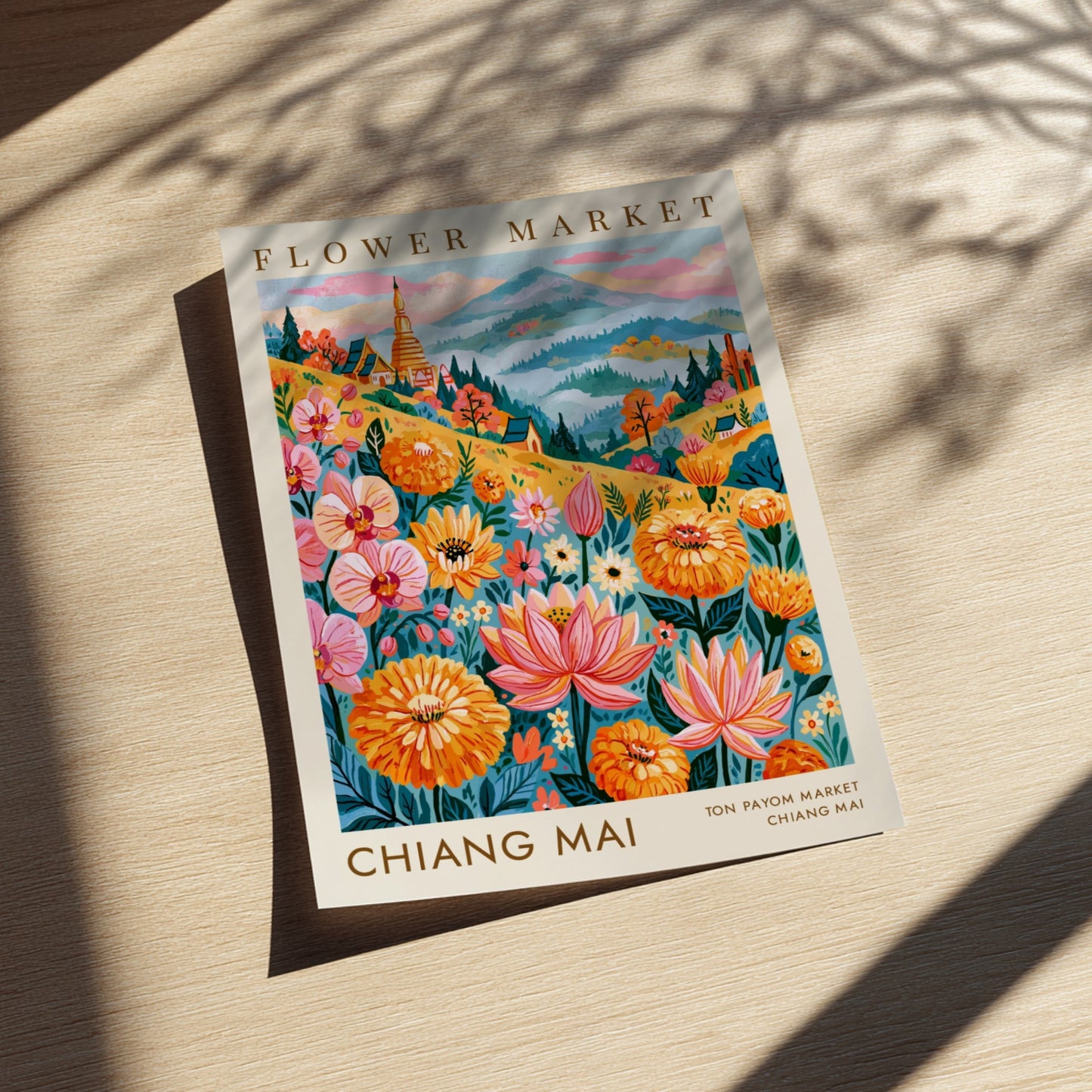 Flower market poster featuring vibrant colors and floral designs, perfect for travel wall decor.