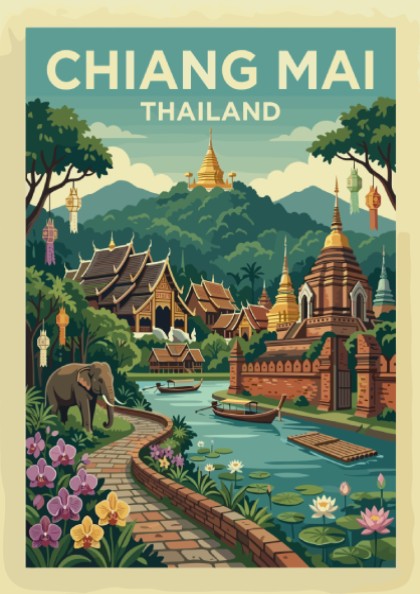 Chiang Mai Thailand travel poster featuring temples and a river in a vibrant illustrative style.