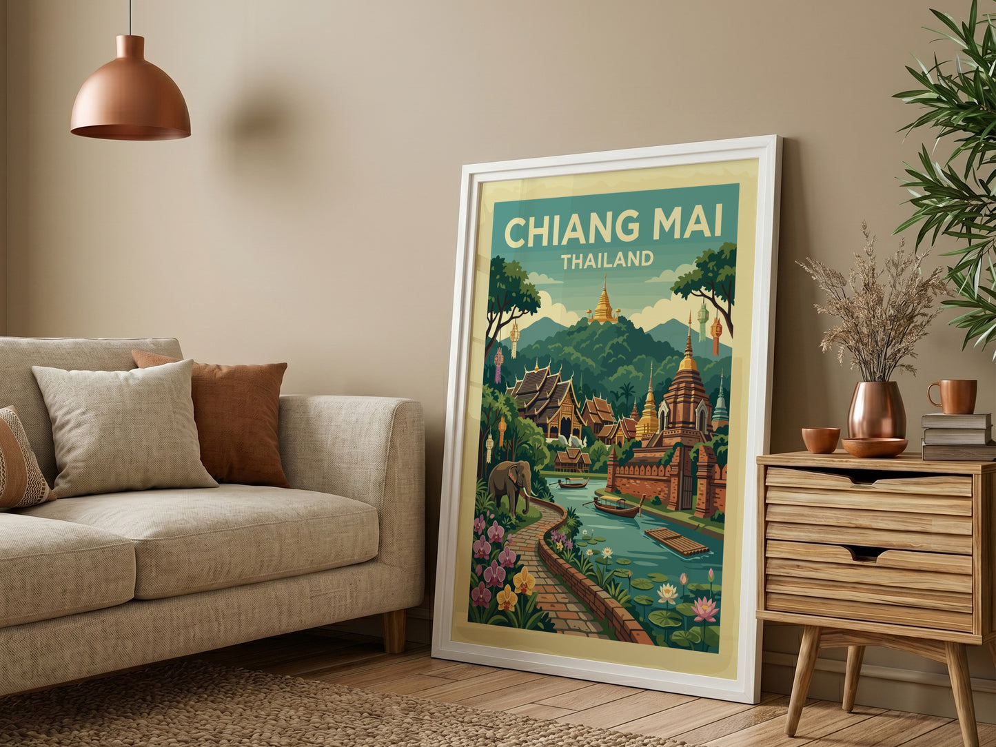 Chiang Mai Thailand travel poster featuring temples and a river in a vibrant illustrative style.