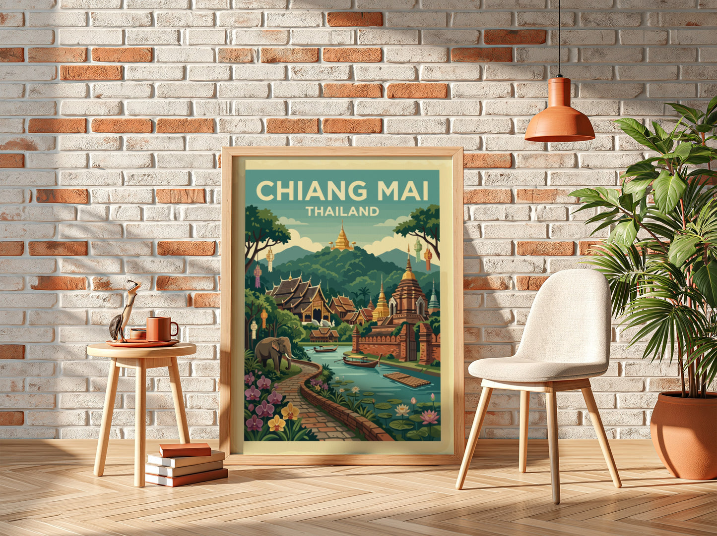 Chiang Mai Thailand travel poster featuring temples and a river in a vibrant illustrative style.