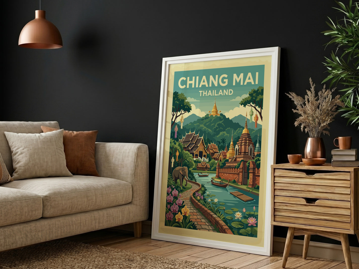 Chiang Mai Thailand travel poster featuring temples and a river in a vibrant illustrative style.