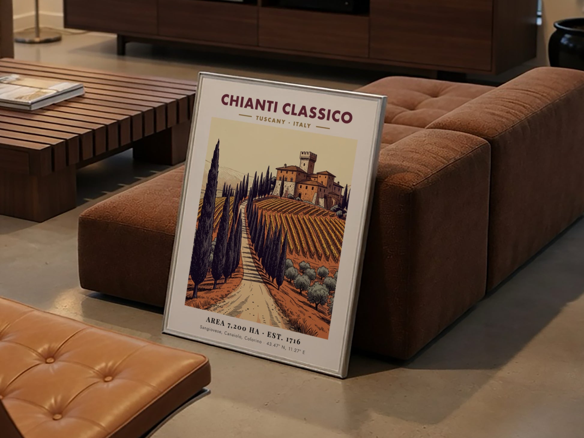 Chianti Classico poster showing a winding path through Tuscan vineyards to a villa.