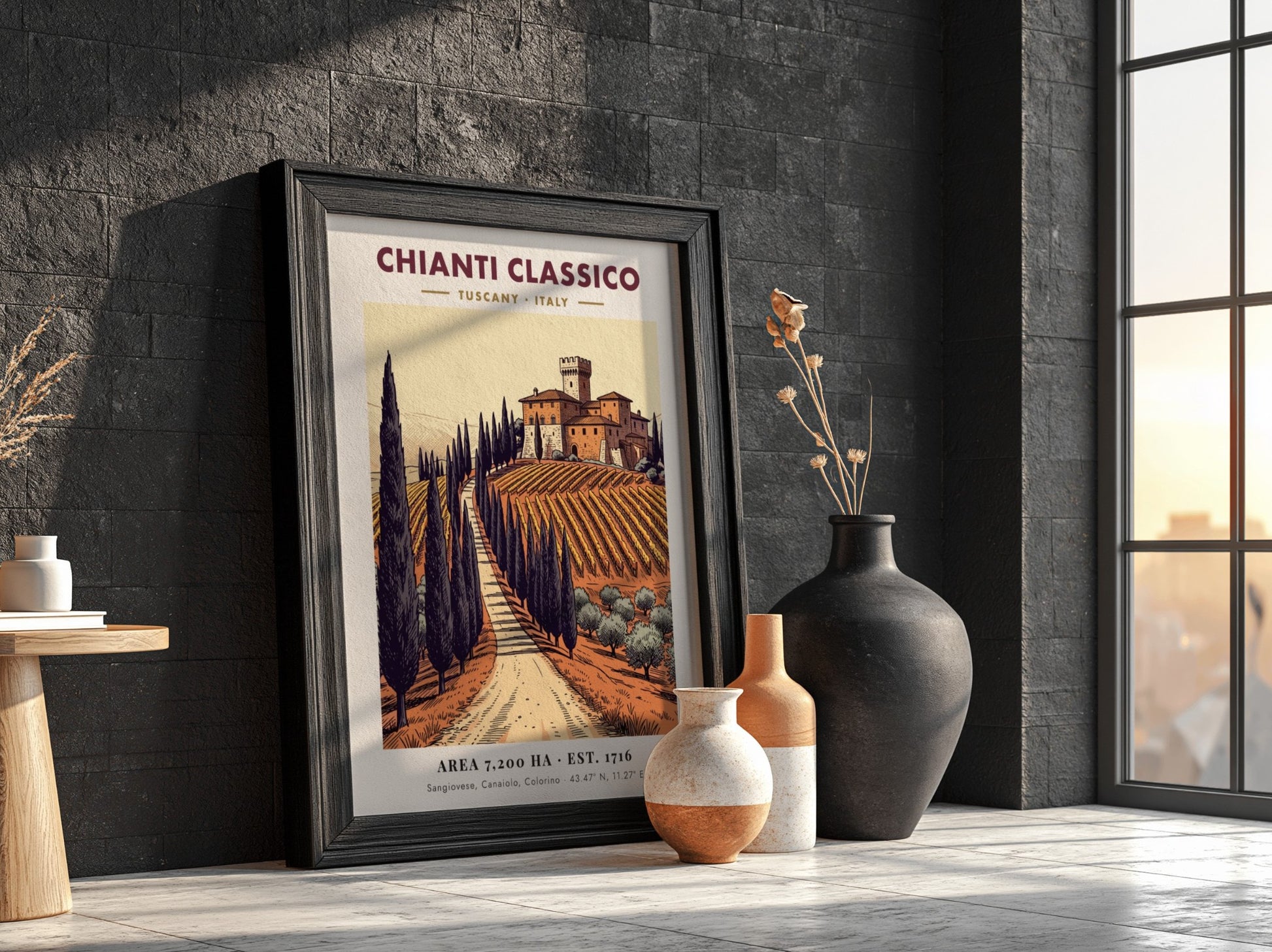 Chianti Classico poster showing a winding path through Tuscan vineyards to a villa.