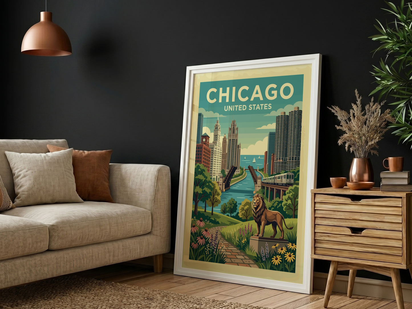 Vintage Chicago skyline travel poster with a lion statue in the foreground.