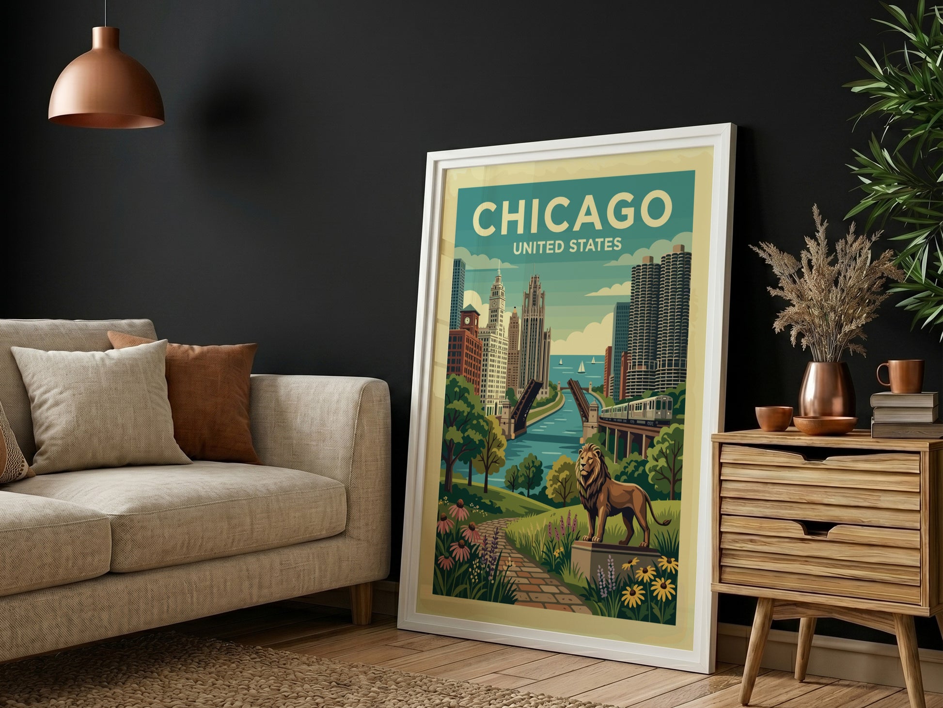 Vintage Chicago skyline travel poster with a lion statue in the foreground.