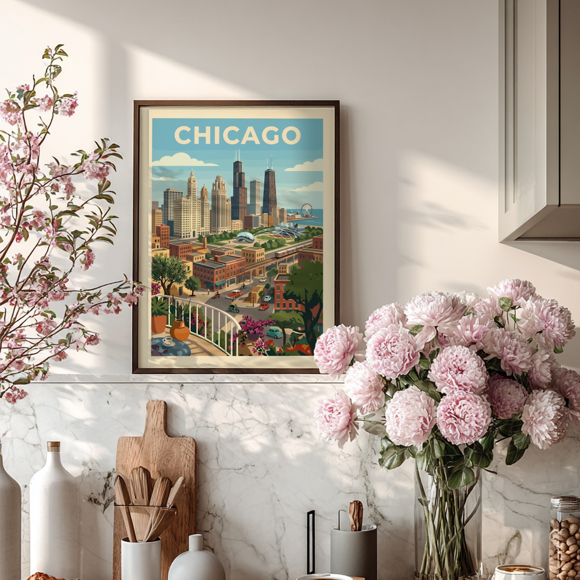 Retro-style Chicago skyline poster featuring iconic buildings, elevated train, and cityscape in a warm color
