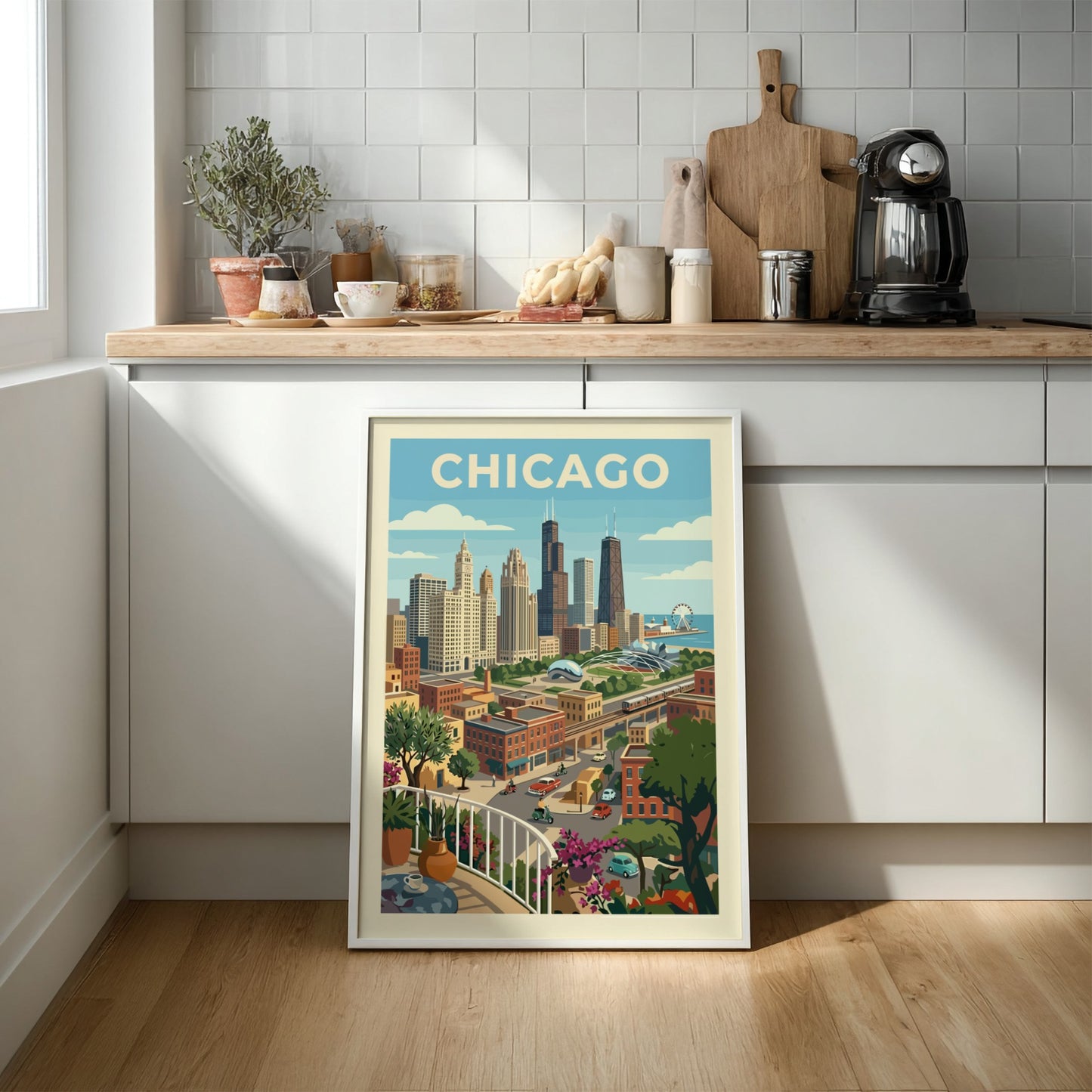 Retro-style Chicago skyline poster featuring iconic buildings, elevated train, and cityscape in a warm color