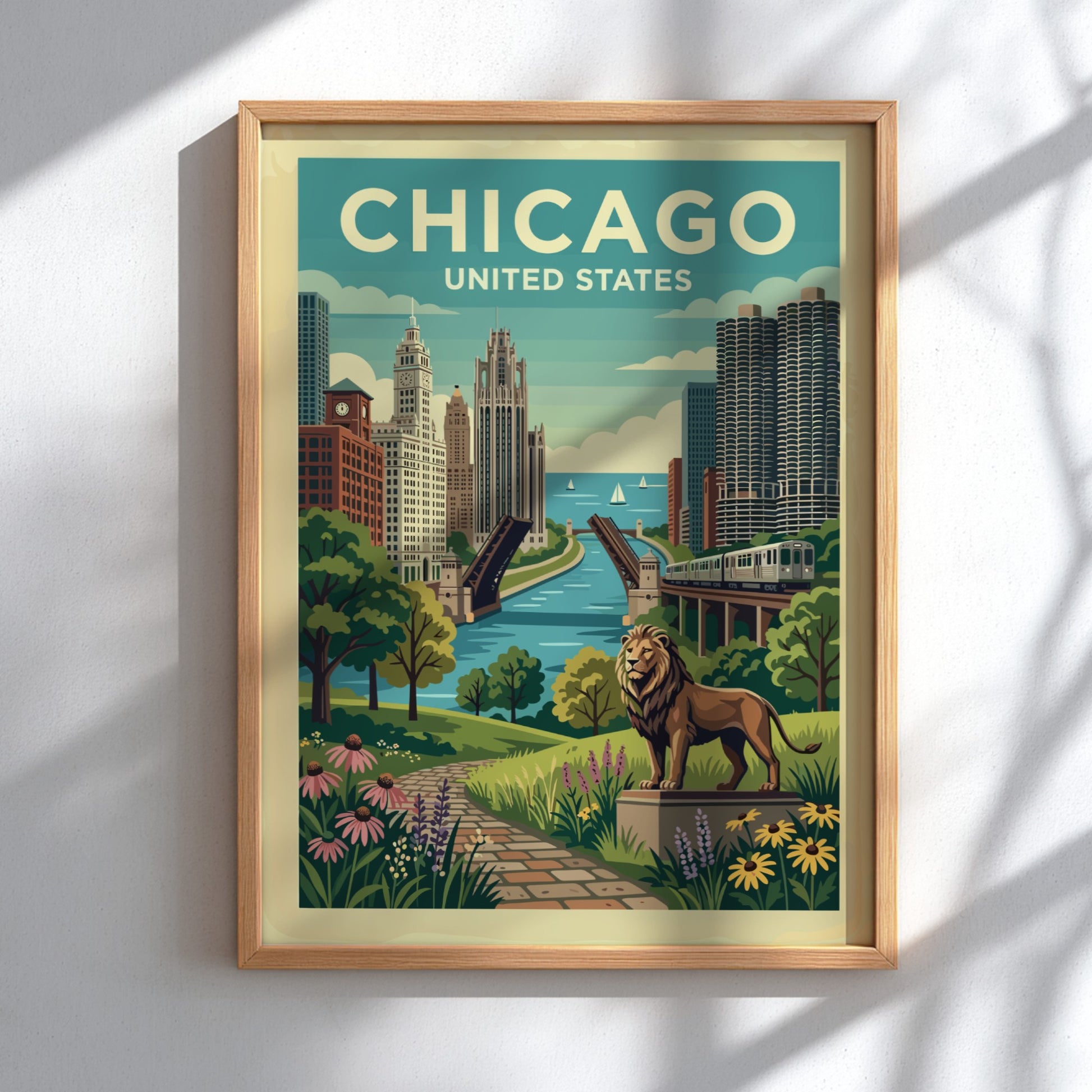 Vintage Chicago skyline travel poster with a lion statue in the foreground.