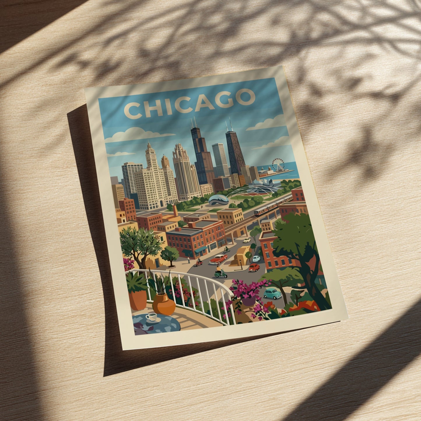 Retro-style Chicago skyline poster featuring iconic buildings, elevated train, and cityscape in a warm color